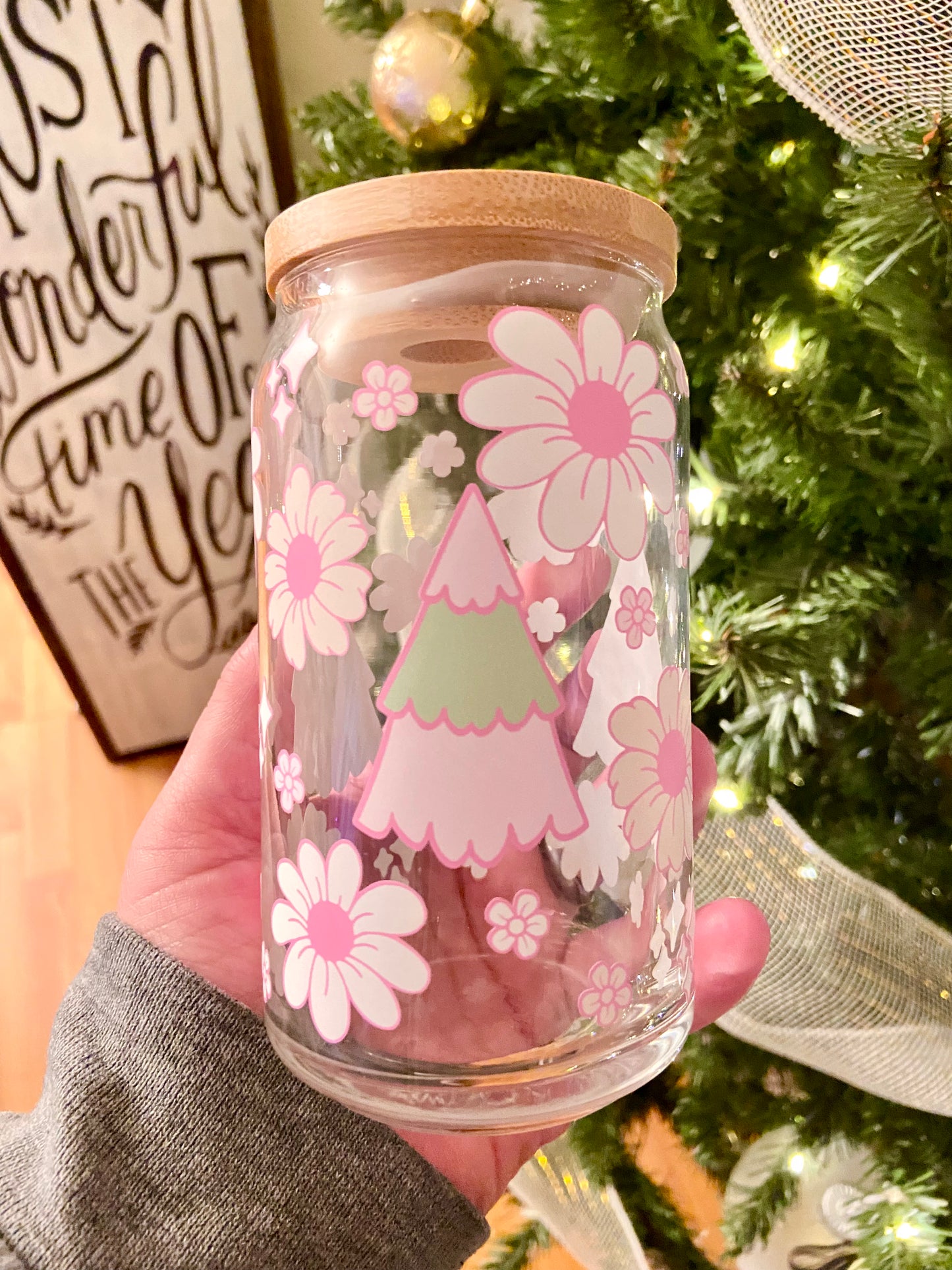 PINK TREE GLASS CANS