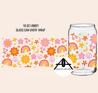 Retro flowers glass can (UV Dtf)