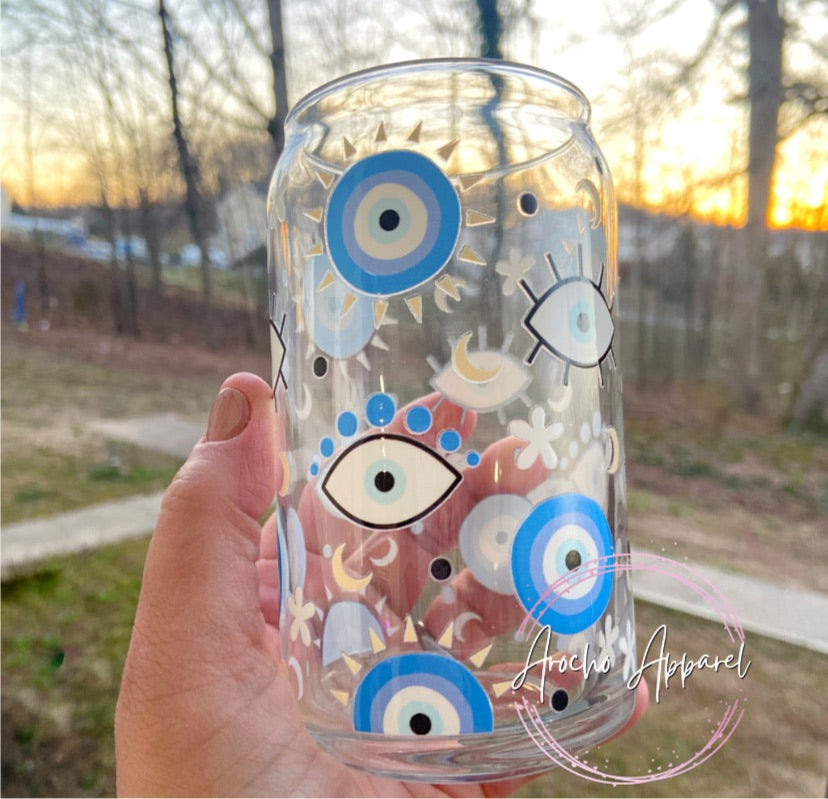 Evil Eye Beer Can Glass | Boho Coffee Glass | Aesthetic Coffee Glass | 16 oz, Size: One Size