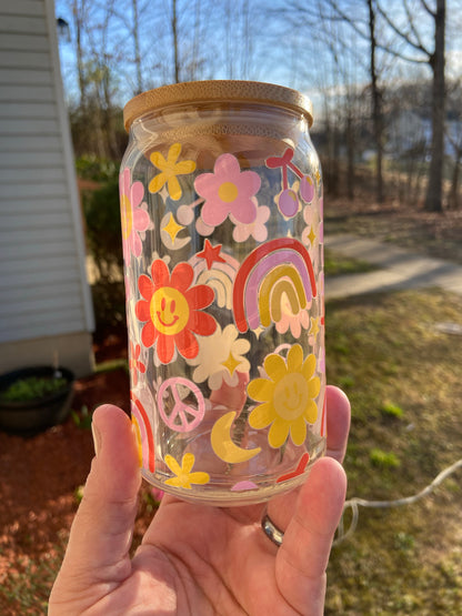 Retro flowers glass can (UV Dtf)